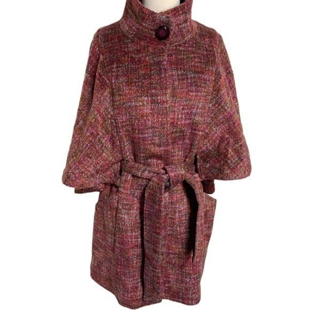 1 Madison Women's Tweed Belted‎ Cape Coat Size 12 Red Pink Multi Color